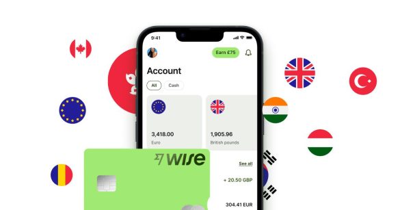 Interface mobile de l'application Wise affichant des soldes en Euros et Livres Sterling, accompagnée d'une carte bancaire et de drapeaux internationaux pour illustrer l'utilité d'un Wise numéro de téléphone valide